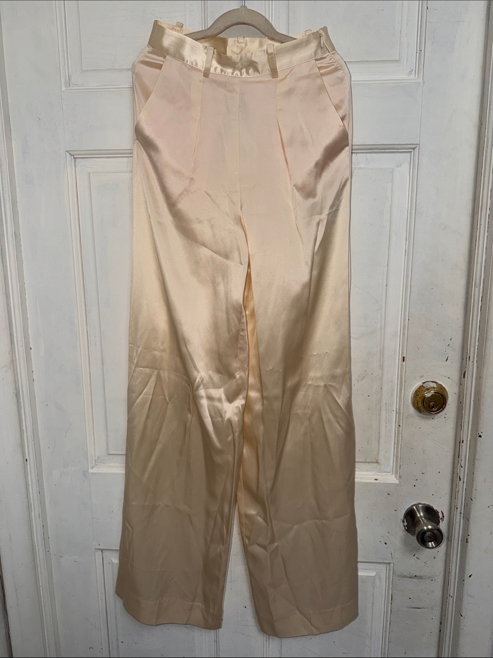 NWT 1 People Satin High Waisted Wide-Leg Pants in Light Cream